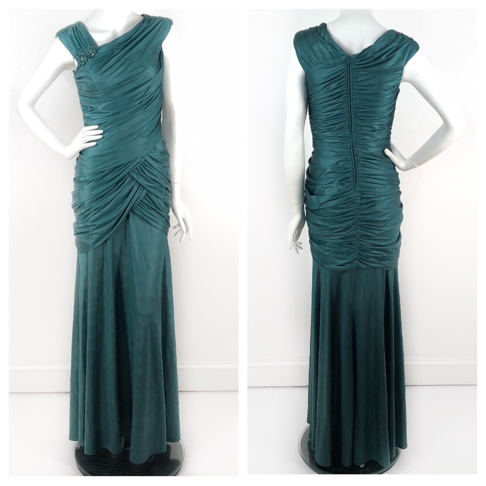 Tadashi Shoji Dress Teal Fitted Drape Ruched Gown